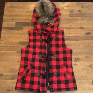 Buffalo plaid, furry-hooded vest!